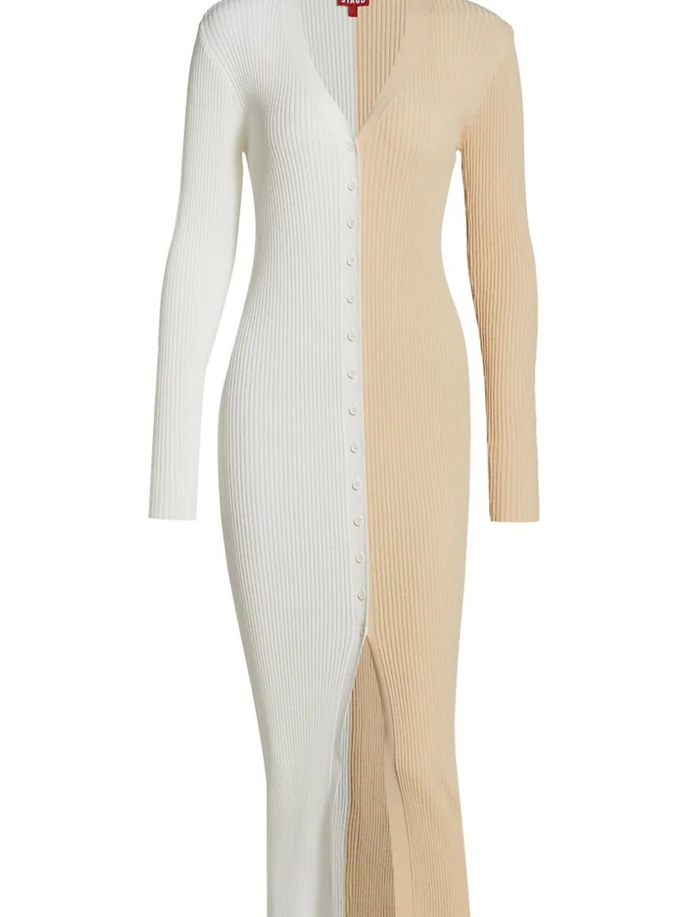 STAUD Two-Tone Ivory and Beige Ribbed Button-Front Maxi Dress